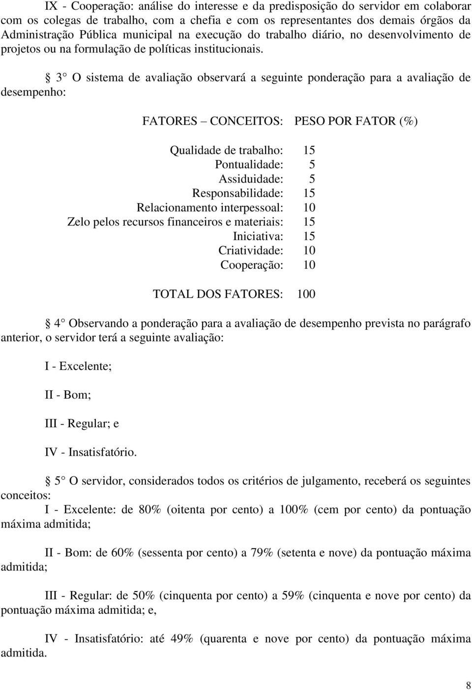 3 O sistema de avaliação observará a seguinte ponderação para a avaliação de desempenho: FATORES CONCEITOS: PESO POR FATOR (%) Qualidade de trabalho: Pontualidade: Assiduidade: Responsabilidade: