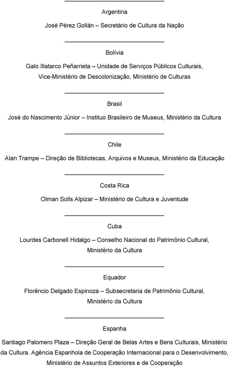 Ministério de Cultura e Juventude Cuba Lourdes Carbonell Hidalgo Conselho Nacional do Patrimônio Cultural, Ministério da Cultura Equador Florêncio Delgado Espinoza Subsecretaria de Patrimônio