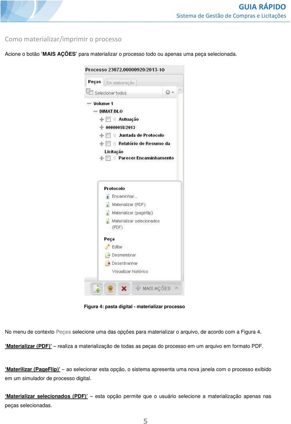 Materializar (PDF) realiza a materialização de todas as peças do processo em um arquivo em formato PDF.