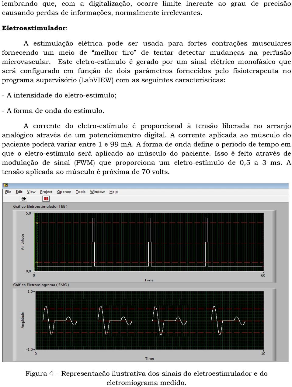 Este eletro-estímulo é gerado por um sinal elétrico monofásico que será configurado em função de dois parâmetros fornecidos pelo fisioterapeuta no programa supervisório (LabVIEW) com as seguintes