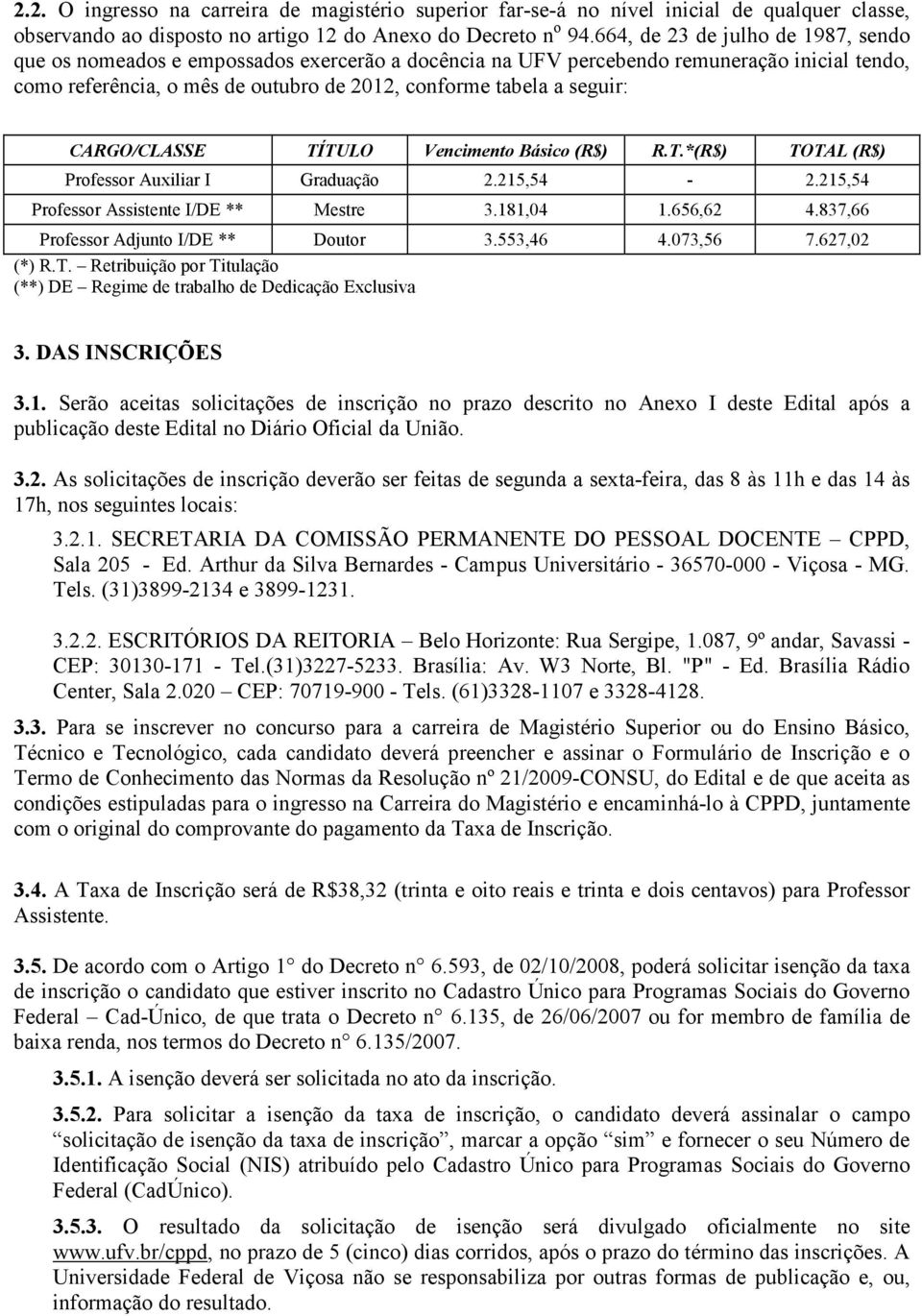 CARGO/CLASSE TÍTULO Vencimento Básico (R$) R.T.*(R$) TOTAL (R$) Professor Auxiliar I Graduação 2.215,54-2.215,54 Professor Assistente I/DE ** Mestre 3.181,04 1.656,62 4.