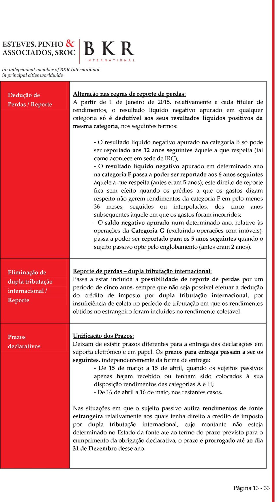 seguintes àquele a que respeita (tal como acontece em sede de IRC); - O resultado líquido negativo apurado em determinado ano na categoria F passa a poder ser reportado aos 6 anos seguintes àquele a