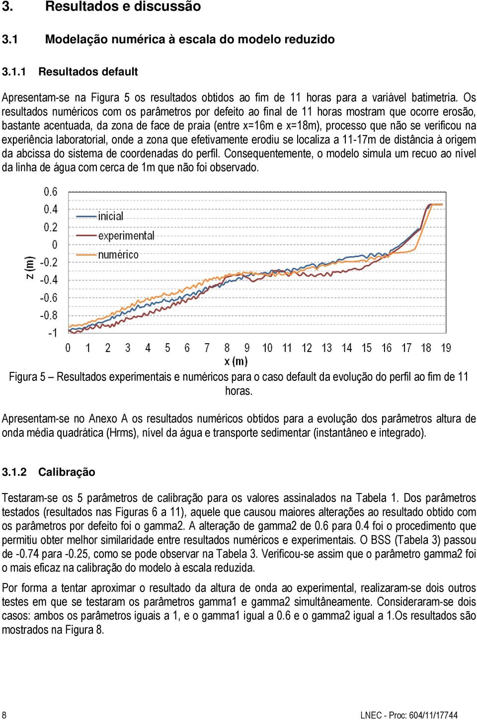 na experiência laboratorial, onde a zona que efetivamente erodiu se localiza a 11-17m de distância à origem da abcissa do sistema de coordenadas do perfil.