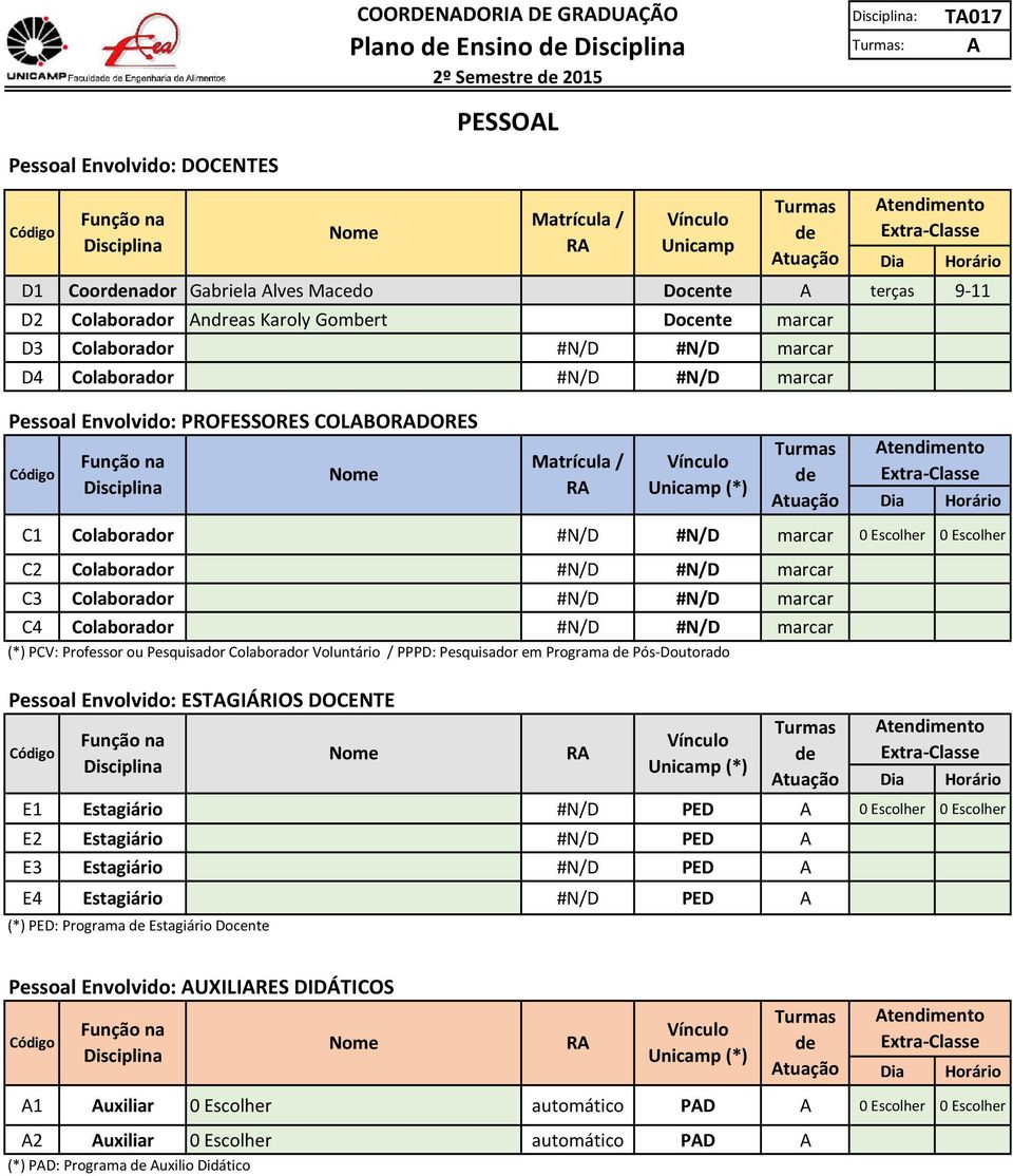 #N/D #N/D marcar (*) PCV: Professor ou Pesquisador Colaborador Voluntário / PPPD: Pesquisador em Programa Pós-Doutorado Pessoal Envolvido: ESTGIÁRIOS DOCENTE Código Nome R E1 Estagiário #N/D PED 0