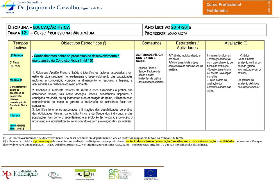 Relaciona Aptidão Física e Saúde e identifica os factores associados a um estilo de vida saudável, nomeadamente o desenvolvimento das capacidades motoras, a composição corporal, a alimentação, o