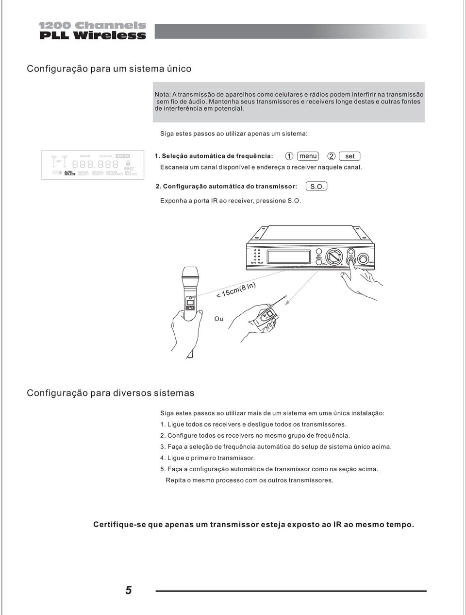 Seleção automática de frequência: Escaneia um canal disponível e endereça o receiver naquele canal. 2. Configuração automática do transmissor: Exponha a porta IR ao receiver, pressione S.O.