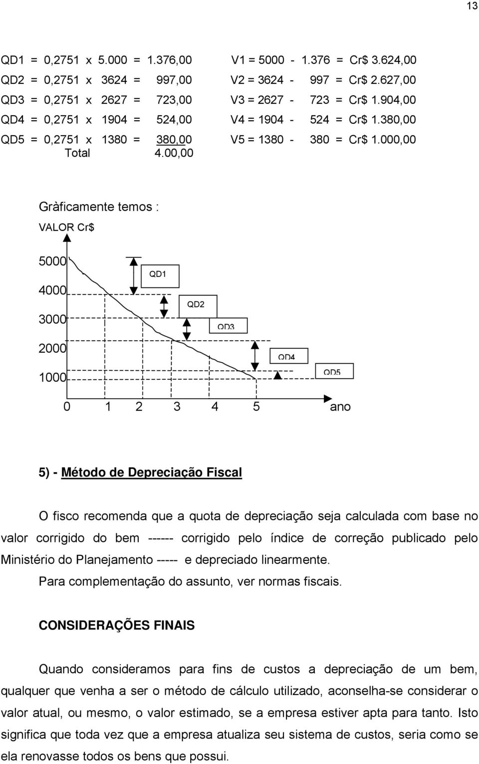 00,00 Gràficamente temos : VALOR Cr$ 5000 4000 3000 QD1 QD2 QD3 2000 1000 QD4 QD5 0 1 2 3 4 5 ano 5) - Método de Depreciação Fiscal O fisco recomenda que a quota de depreciação seja calculada com