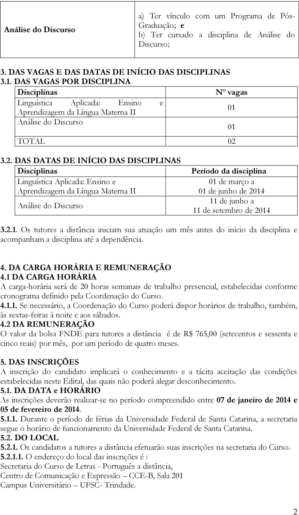 3.2. DAS DATAS DE INÍCIO DAS DISCIPLINAS Aprendizagem da Língua Materna II Análise do Discurso Período da disciplina 01 