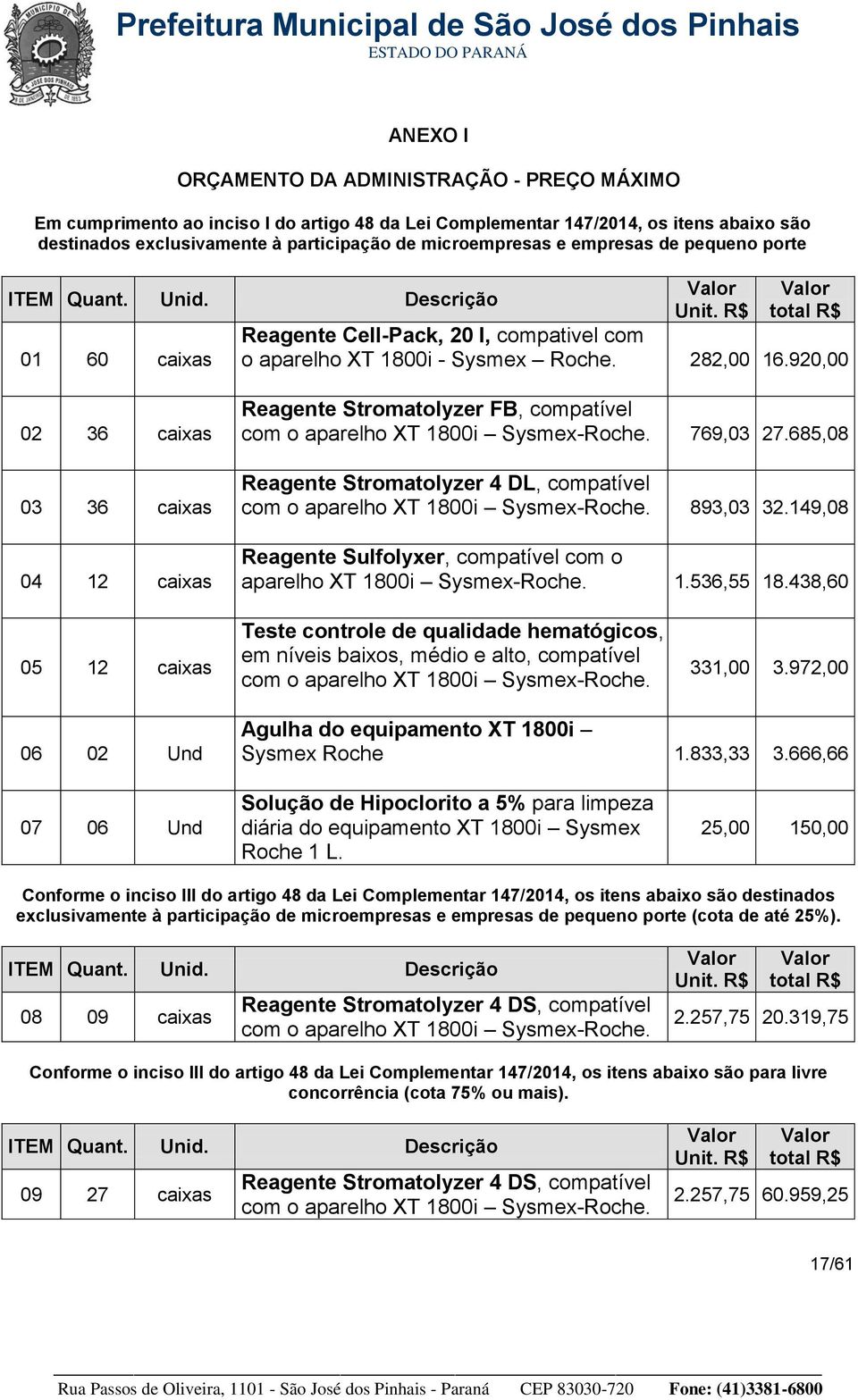 920,00 02 36 caixas 03 36 caixas 04 12 caixas Reagente Stromatolyzer FB, compatível com o aparelho XT 1800i Sysmex-Roche. 769,03 27.