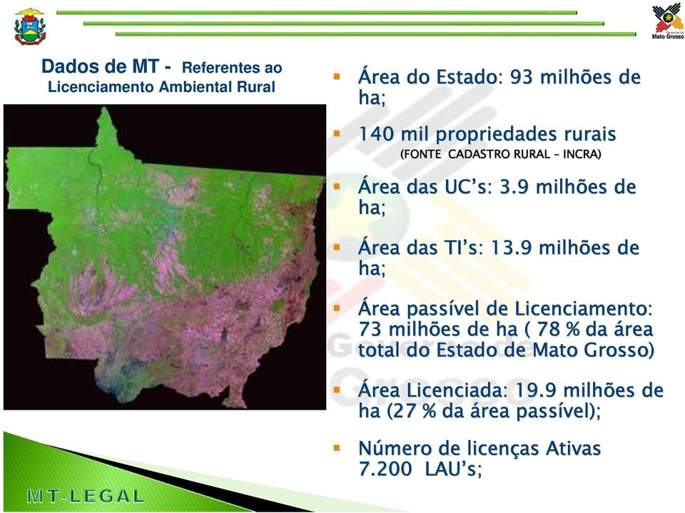 9 milhões de ha; Área passível de Licenciamento: 73 milhões de ha ( 78 % da área total do Estado de