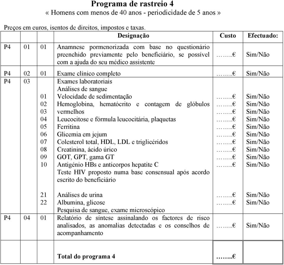 Exame clínico completo P4 Exames laboratoriais escrito do beneficiário P4 Relatório de síntese