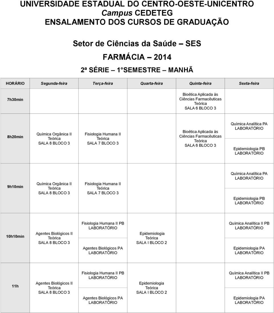 10h10min Agentes Biológicos II Fisiologia Humana II PB Agentes Biológicos PA Epidemiologia SALA I BLOCO 2 Química Analítica II PB