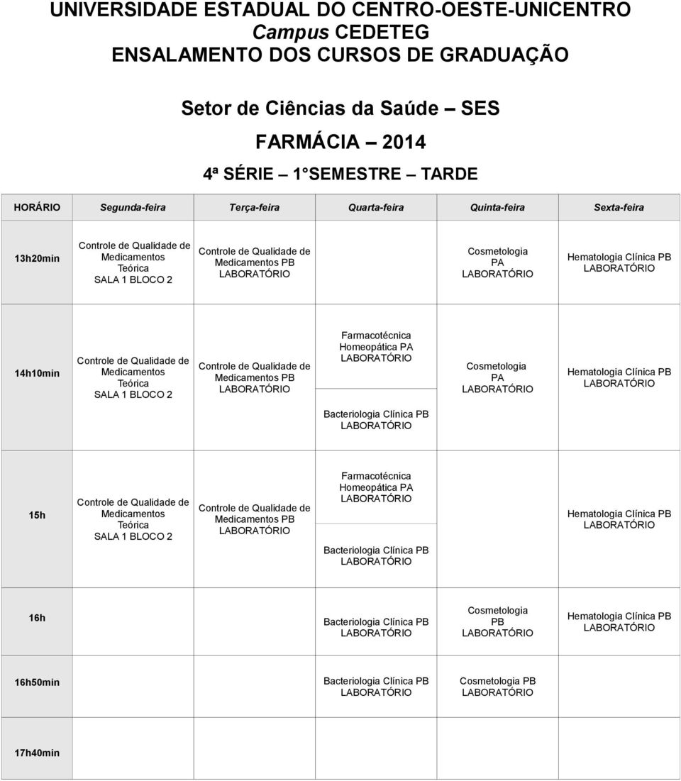 Clínica PB 15h Medicamentos Medicamentos PB Homeopática PA Bacteriologia Clínica PB Hematologia Clínica PB 16h