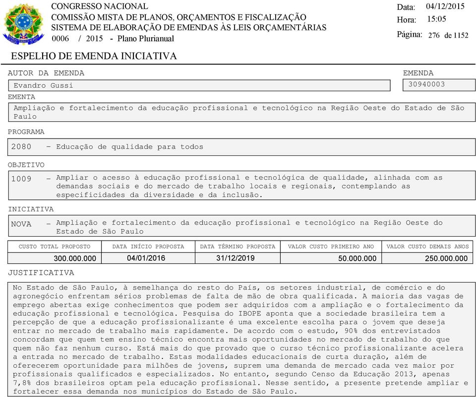 contemplando as especificidades da diversidade e da inclusão. NOVA - Ampliação e fortalecimento da educação profissional e tecnológico na Região Oeste do Estado de São Paulo 300.000.