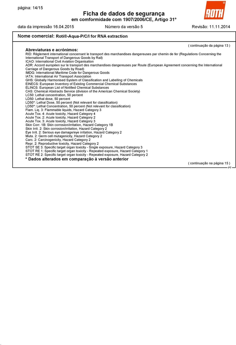 concerning the International Carriage of Dangerous Goods by Road) IMDG: International Maritime Code for Dangerous Goods IATA: International Air Transport Association GHS: Globally Harmonised System