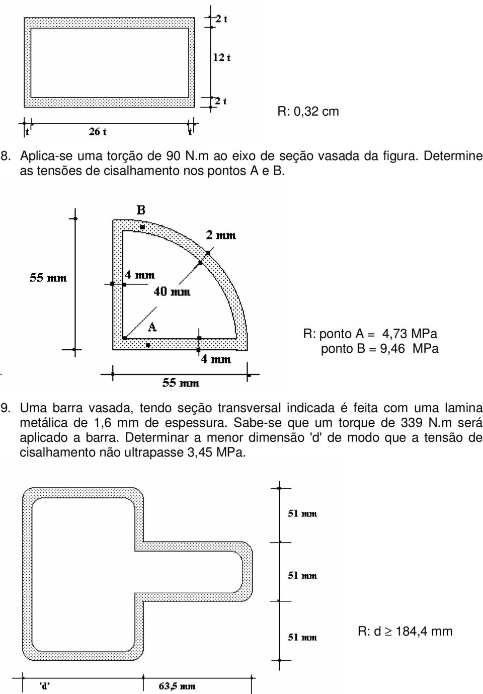 Uma barra vasada, endo seção ransversal indicada é feia com uma lamina meálica de 1,6 mm de espessura.