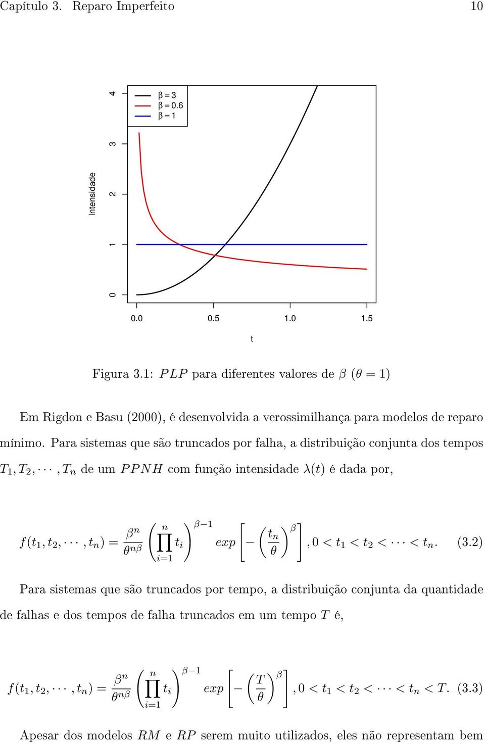 Para sistemas que são truncados por falha, a distribuição conjunta dos tempos T 1, T 2,, T n de um P P NH com função intensidade λ(t) é dada por, ( n ) β 1 [ f(t 1, t 2,, t n ) = βn ( ) ] β tn θ nβ