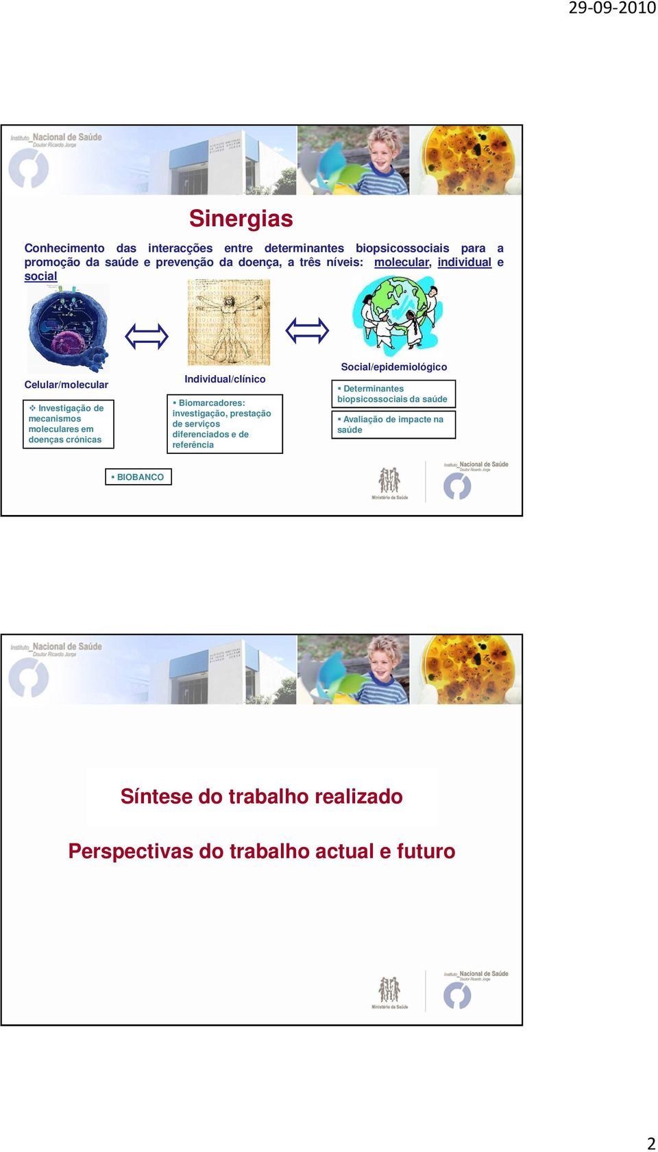 Individual/clínico Biomarcadores: investigação, prestação de serviços diferenciados e de referência Social/epidemiológico