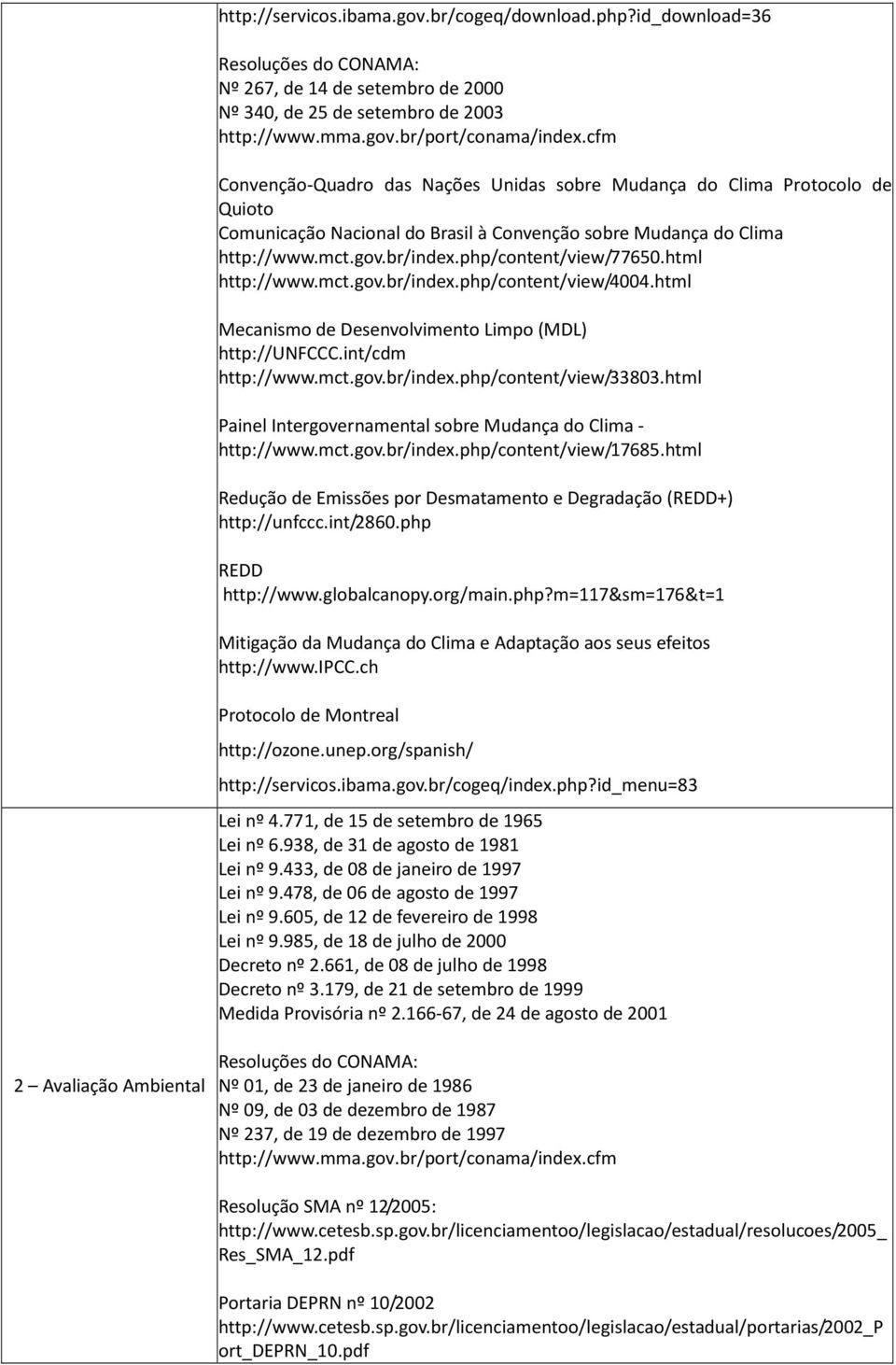Convenção sobre Mudança do Clima http://www.mct.gov.br/index.php/content/view/77650.html http://www.mct.gov.br/index.php/content/view/4004.html Mecanismo de Desenvolvimento Limpo (MDL) http://unfccc.