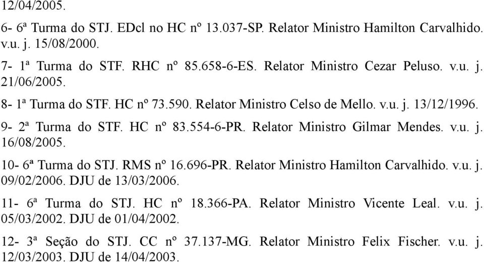 Relator Ministro Gilmar Mendes. v.u. j. 16/08/2005. 10-6ª Turma do STJ. RMS nº 16.696-PR. Relator Ministro Hamilton Carvalhido. v.u. j. 09/02/2006. DJU de 13/03/2006.