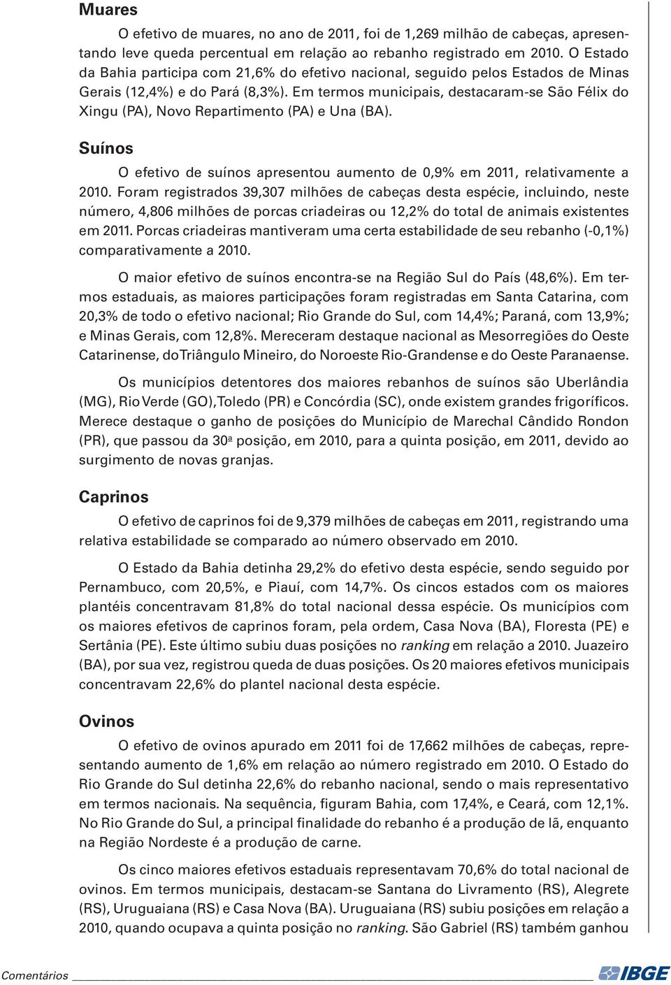 Em termos municipais, destacaram-se São Félix do Xingu (PA), Novo Repartimento (PA) e Una (BA). Suínos O efetivo de suínos apresentou aumento de 0,9% em 2011, relativamente a 2010.