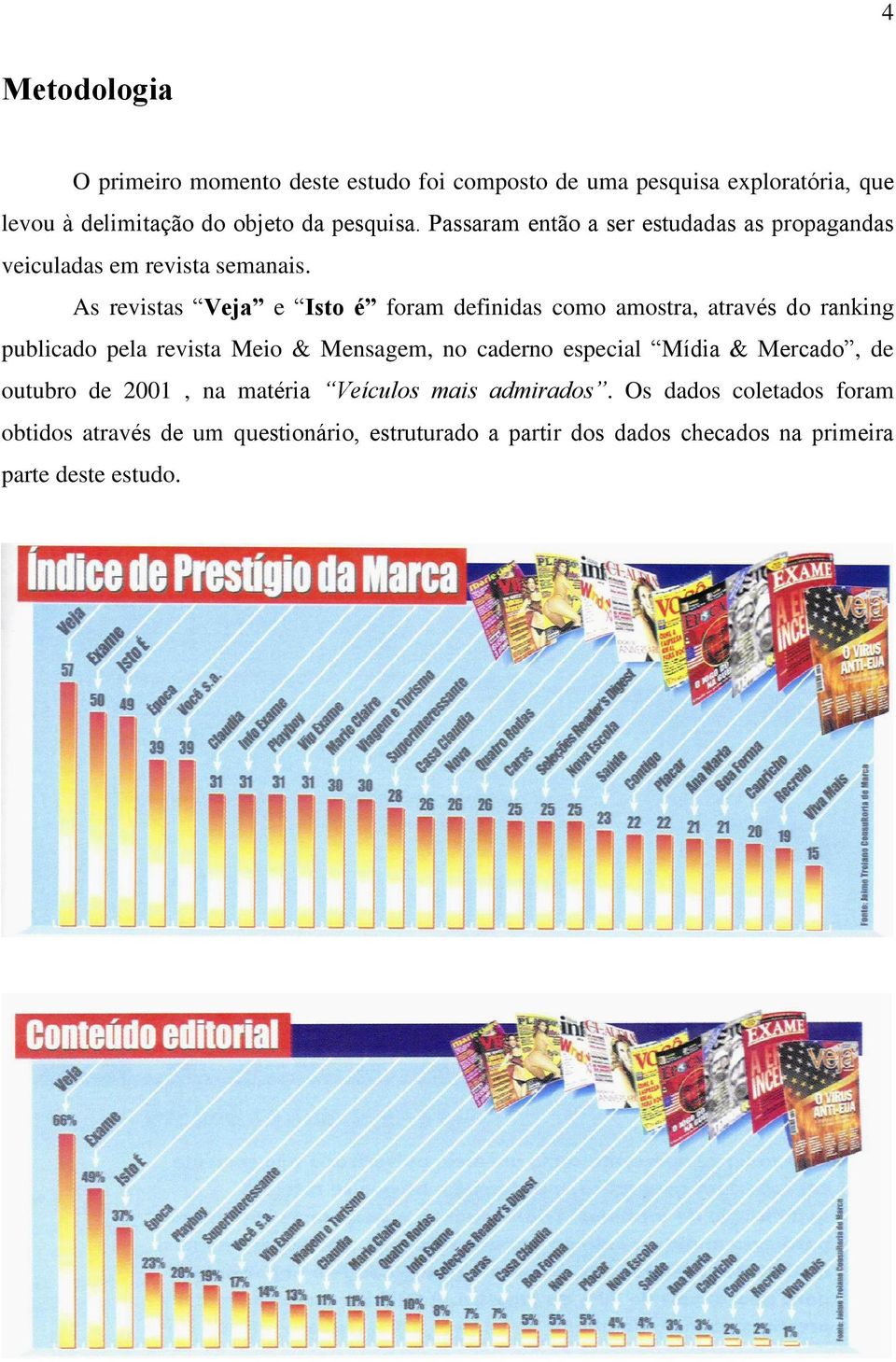 As revistas Veja e Isto é foram definidas como amostra, através do ranking publicado pela revista Meio & Mensagem, no caderno especial