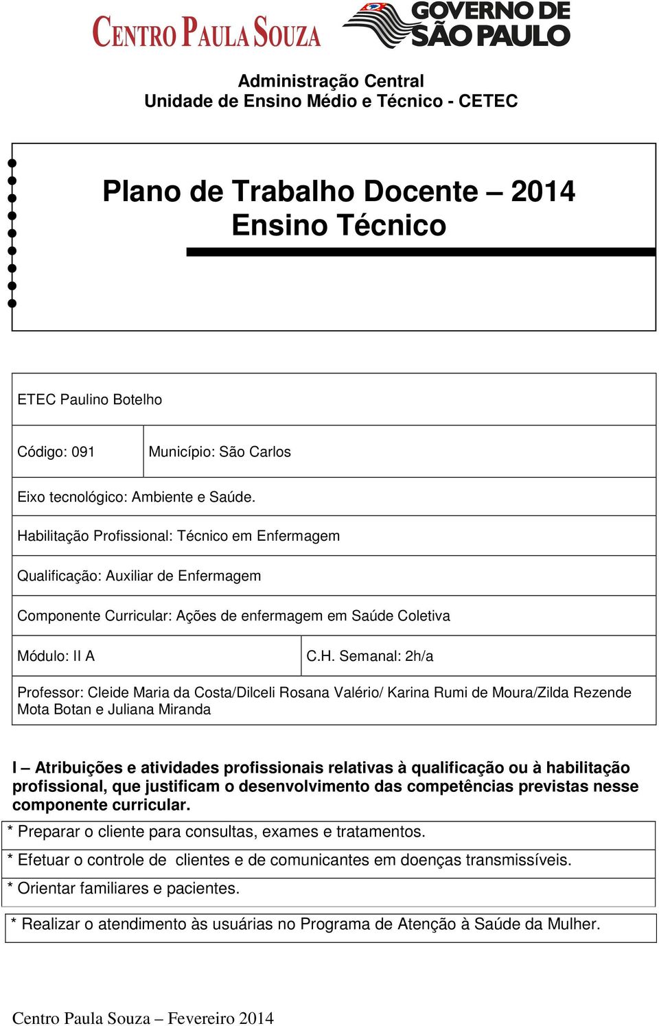 Maria da Costa/Dilceli Rosana Valério/ Karina Rumi de Moura/Zilda Rezende Mota Botan e Juliana Miranda I Atribuições e atividades profissionais relativas à qualificação ou à habilitação profissional,