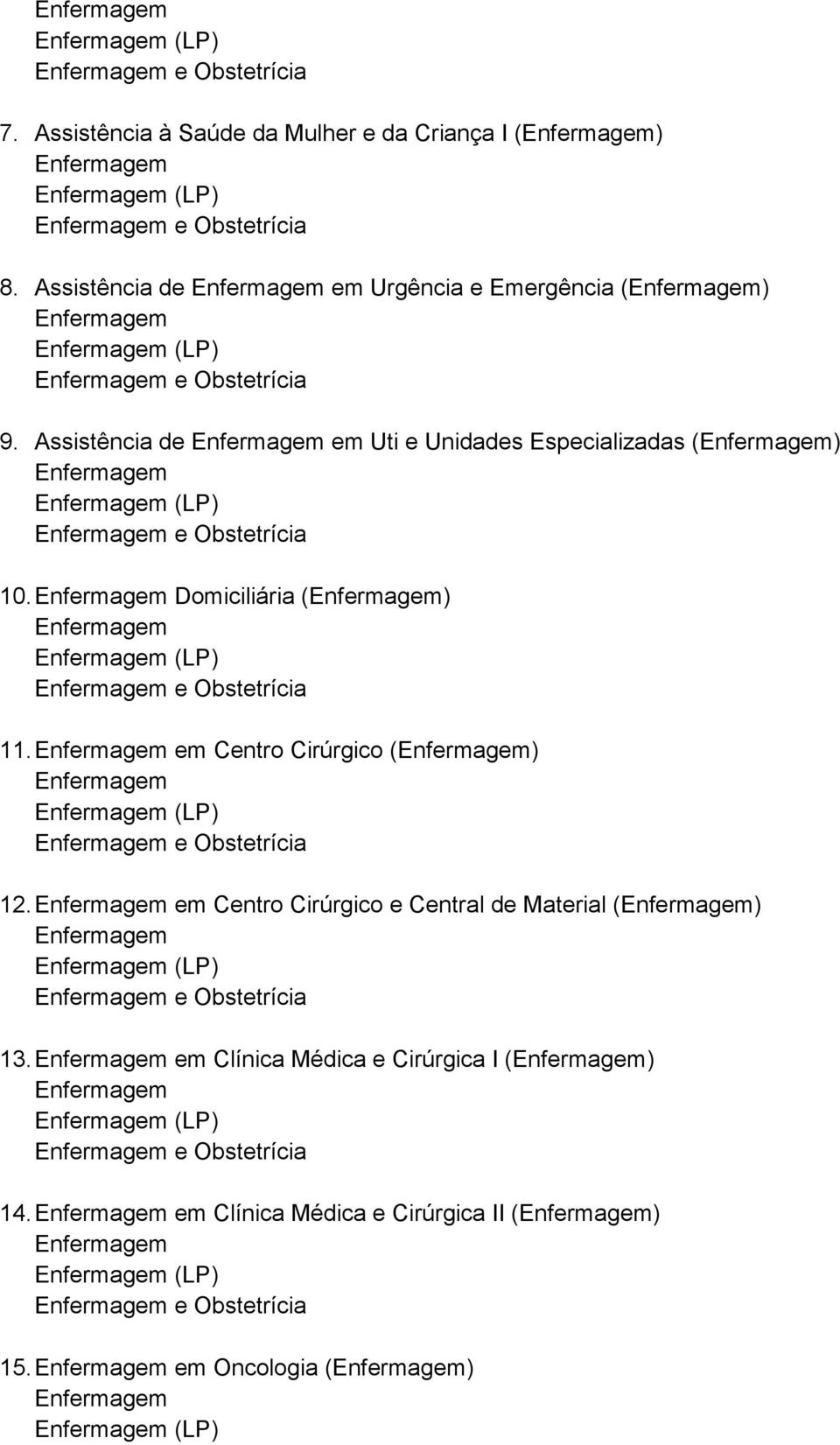 Assistência de em Uti e Unidades Especializadas () e Obstetrícia 10. Domiciliária () e Obstetrícia 11.