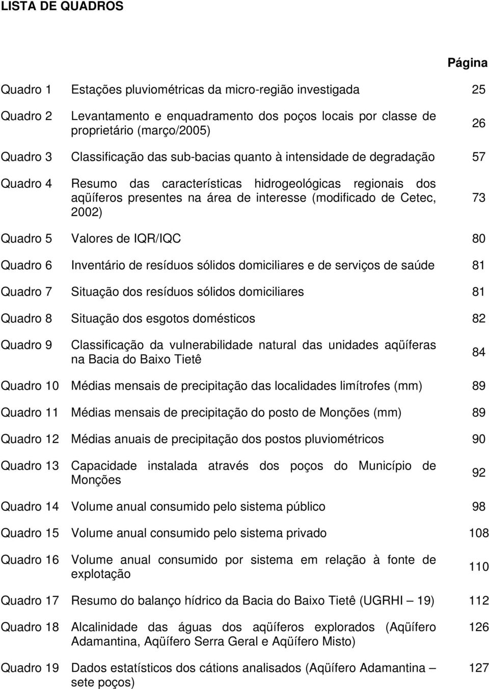 2002) 73 Quadro 5 Valores de IQR/IQC 80 Quadro 6 Inventário de resíduos sólidos domiciliares e de serviços de saúde 81 Quadro 7 Situação dos resíduos sólidos domiciliares 81 Quadro 8 Situação dos