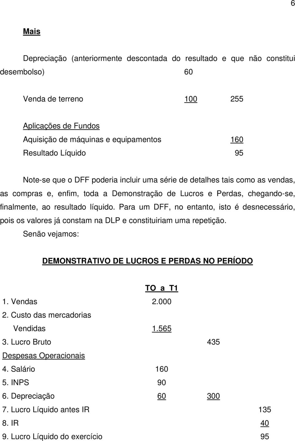 Para um DFF, no entanto, isto é desnecessário, pois os valores já constam na DLP e constituiriam uma repetição. Senão vejamos: DEMONSTRATIVO DE LUCROS E PERDAS NO PERÍODO TO a T1 1. Vendas 2.