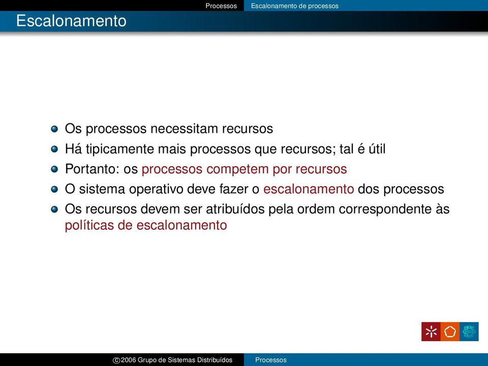 recursos O sistema operativo deve fazer o escalonamento dos processos Os