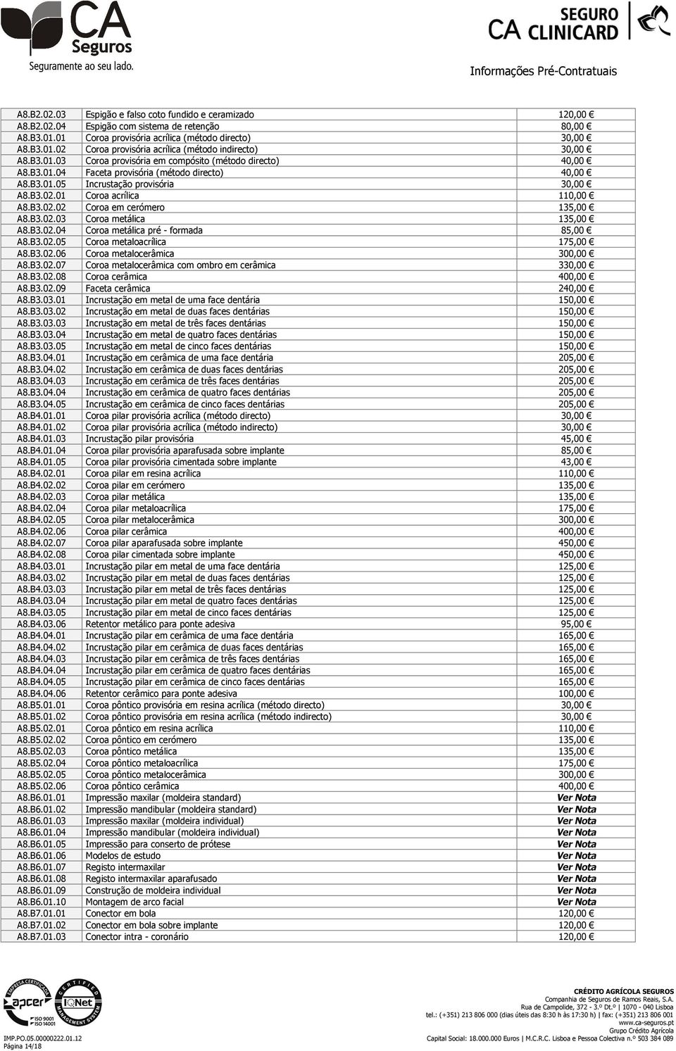 B3.02.03 Coroa metálica 135,00 A8.B3.02.04 Coroa metálica pré - formada 85,00 A8.B3.02.05 Coroa metaloacrílica 175,00 A8.B3.02.06 Coroa metalocerâmica 300,00 A8.B3.02.07 Coroa metalocerâmica com ombro em cerâmica 330,00 A8.