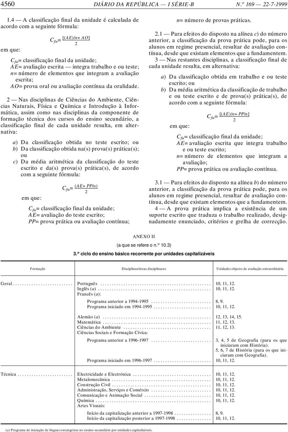 n=número de elementos que integram a avaliação escrita; AO=prova oral ou avaliação contínua da oralidade.