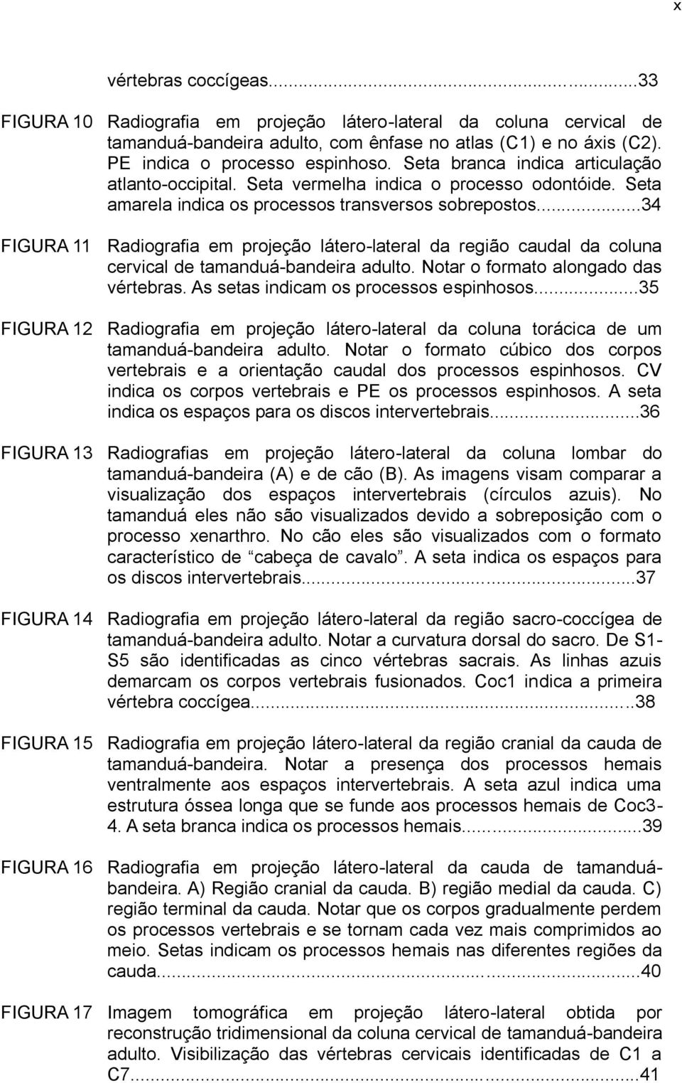 ..34 FIGURA 11 Radiografia em projeção látero-lateral da região caudal da coluna cervical de tamanduá-bandeira adulto. Notar o formato alongado das vértebras. As setas indicam os processos espinhosos.