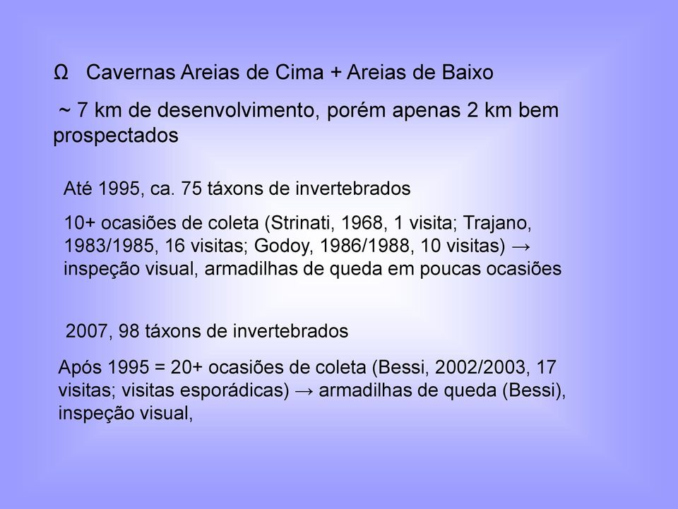 1986/1988, 10 visitas) inspeção visual, armadilhas de queda em poucas ocasiões 2007, 98 táxons de invertebrados Após