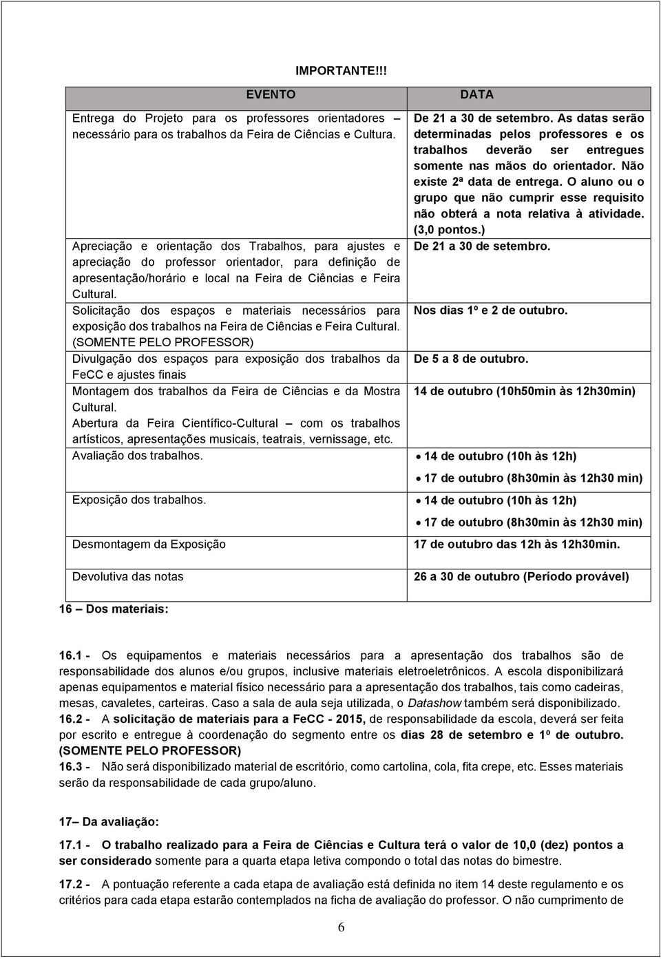 Solicitação dos espaços e materiais necessários para exposição dos trabalhos na Feira de Ciências e Feira Cultural.