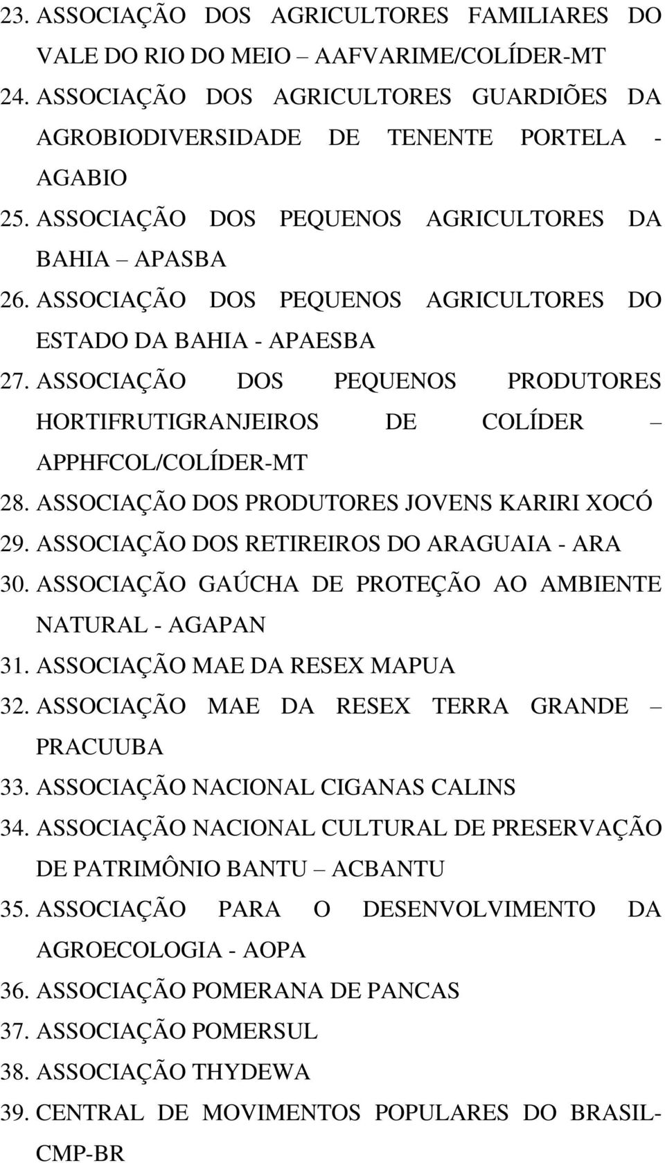 ASSOCIAÇÃO DOS PEQUENOS PRODUTORES HORTIFRUTIGRANJEIROS DE COLÍDER APPHFCOL/COLÍDER-MT 28. ASSOCIAÇÃO DOS PRODUTORES JOVENS KARIRI XOCÓ 29. ASSOCIAÇÃO DOS RETIREIROS DO ARAGUAIA - ARA 30.