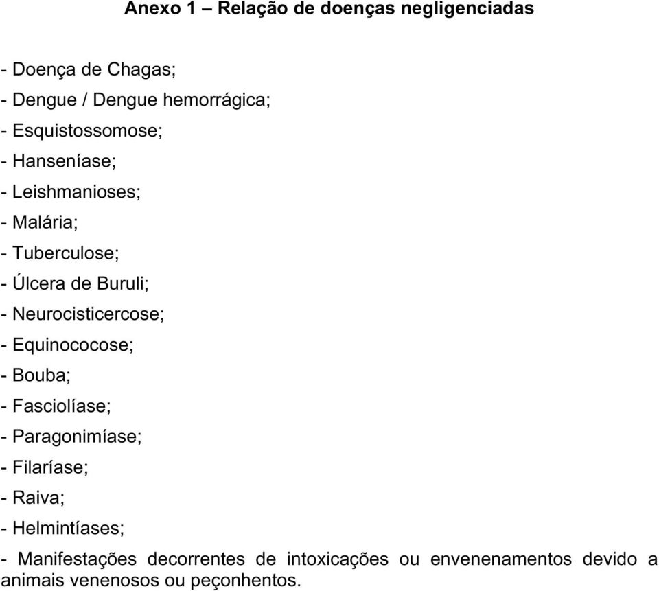 Neurocisticercose; - Equinococose; - Bouba; - Fasciolíase; - Paragonimíase; - Filaríase; - Raiva; -