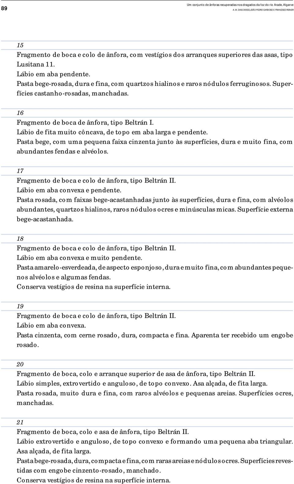 Pasta bege-rosada, dura e fina, com quartzos hialinos e raros nódulos ferruginosos. Superfícies castanho-rosadas, manchadas. 16 Fragmento de boca de ânfora, tipo Beltrán I.