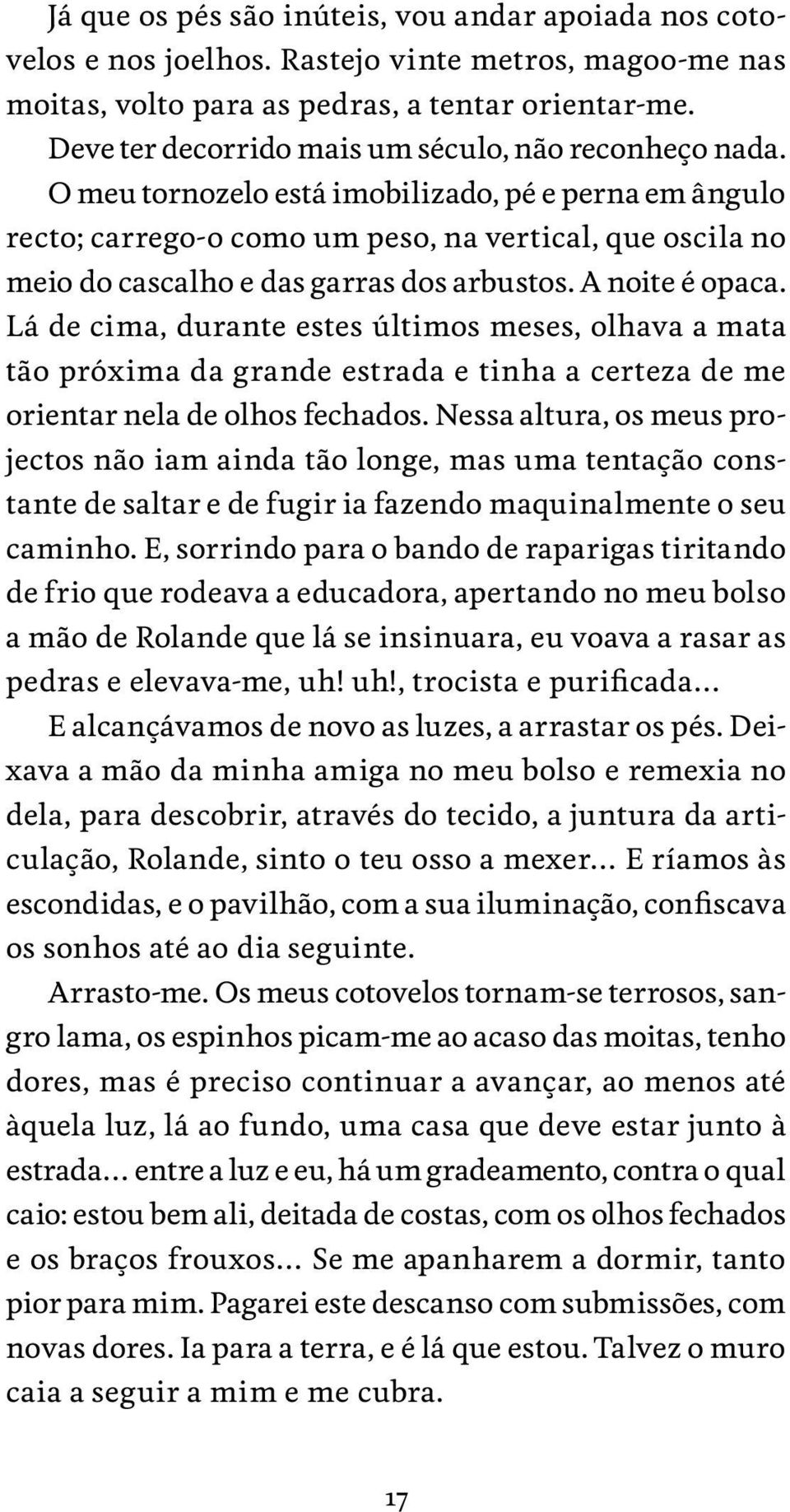 O meu tornozelo está imobilizado, pé e perna em ângulo recto; carrego o como um peso, na vertical, que oscila no meio do cascalho e das garras dos arbustos. A noite é opaca.