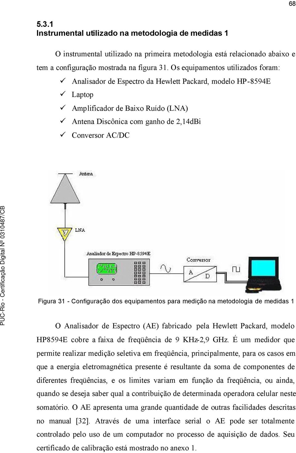 Configuração dos equipamentos para medição na metodologia de medidas 1 O Analisador de Espectro (AE) fabricado pela Hewlett Packard, modelo HP8594E cobre a faixa de freqüência de 9 KHz-,9 GHz.