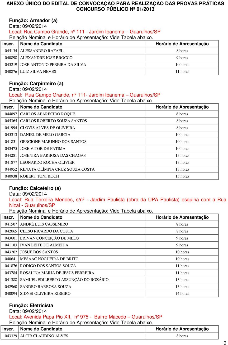 Ipanema Guarulhos/SP 044897 CARLOS APARECIDO ROQUE 8 horas 045365 CARLOS ROBERTO SOUZA SANTOS 8 horas 041994 CLOVIS ALVES DE OLIVEIRA 8 horas 045313 DANIEL DE MELO GARCIA 10 horas 041831 GERCIONE