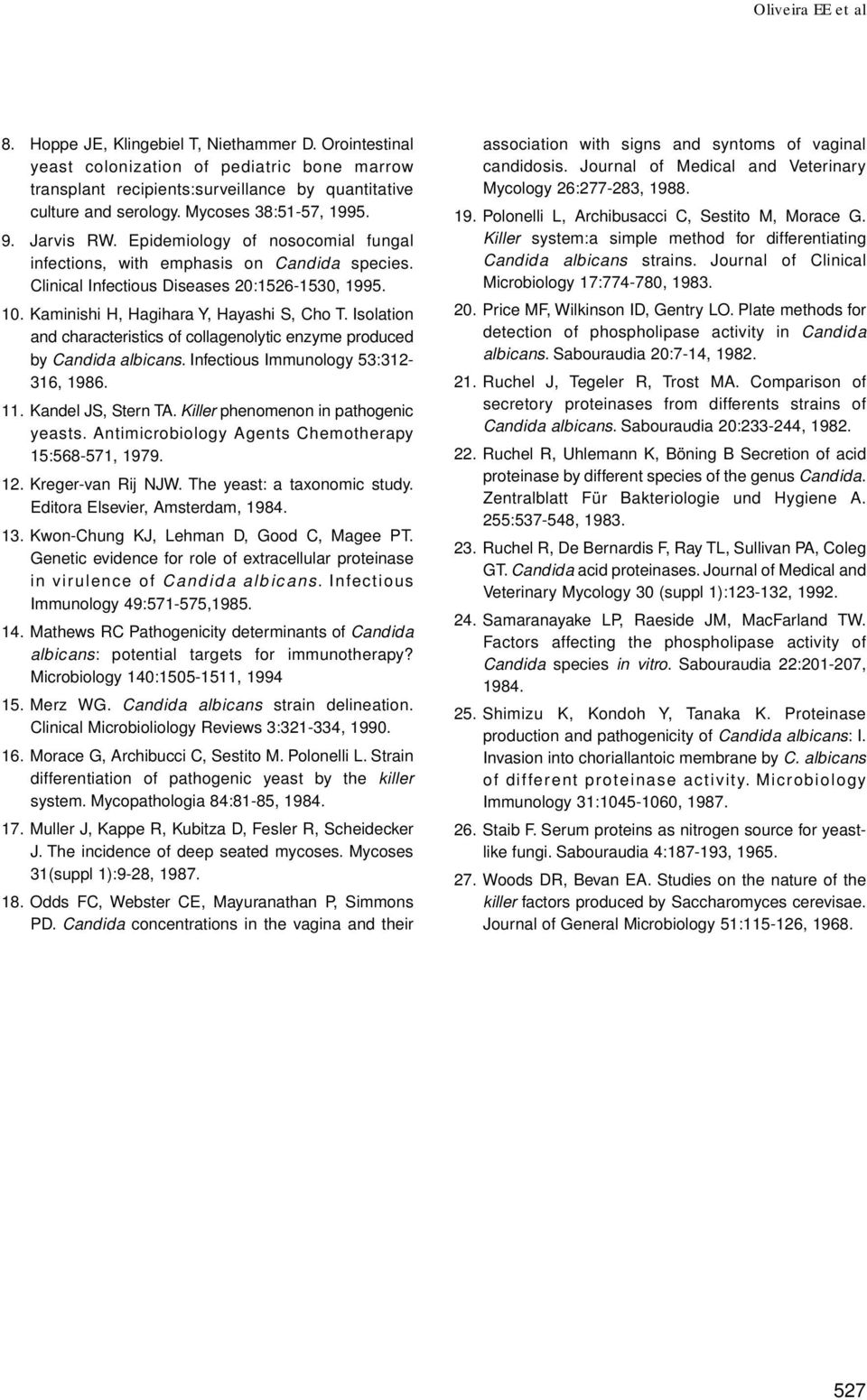 Kaminishi H, Hagihara Y, Hayashi S, Cho T. Isolation and characteristics of collagenolytic enzyme produced by Candida albicans. Infectious Immunology 53:312-316, 1986. 11. Kandel JS, Stern TA.