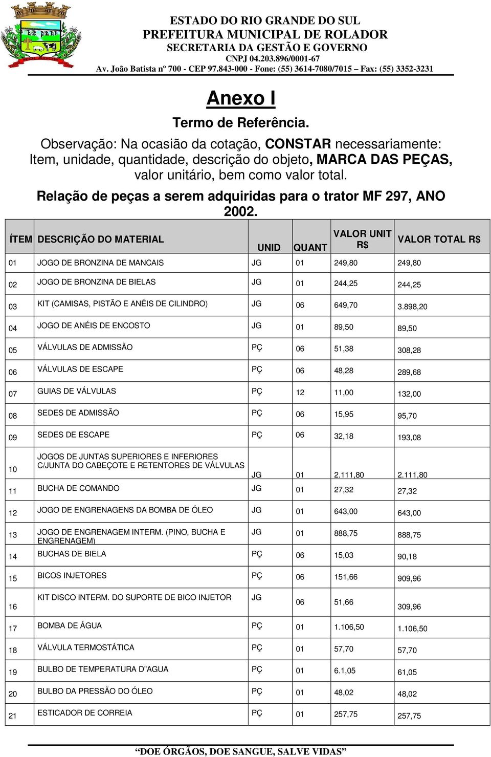 ÍTEM DESCRIÇÃO DO MATERIAL UNID QUANT VALOR UNIT R$ 01 JOGO DE BRONZINA DE MANCAIS JG 01 249,80 249,80 02 JOGO DE BRONZINA DE BIELAS JG 01 244,25 244,25 VALOR TOTAL R$ 03 KIT (CAMISAS, PISTÃO E ANÉIS