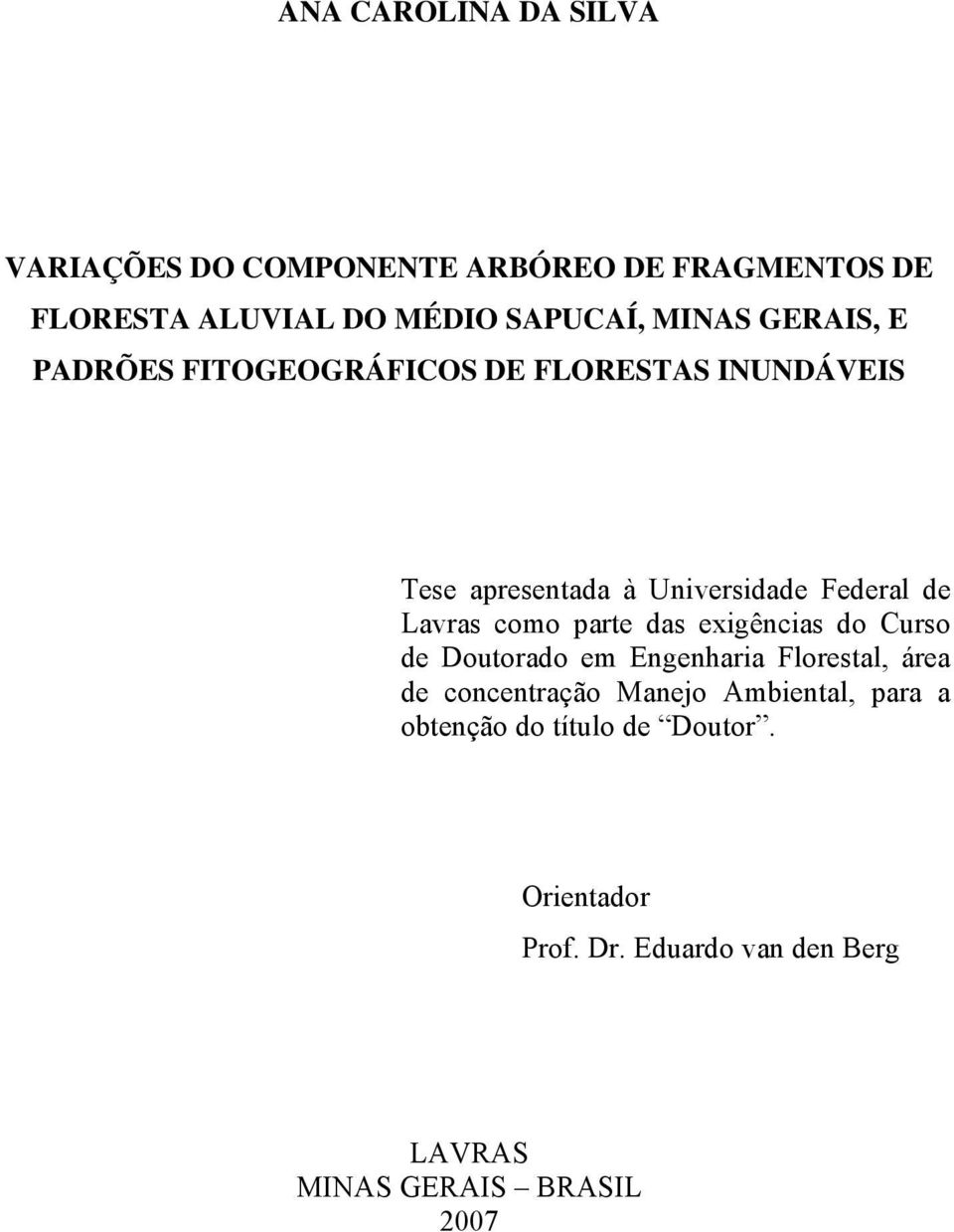 Lavras como parte das exigências do Curso de Doutorado em Engenharia Florestal, área de concentração Manejo