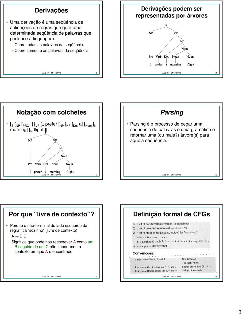 Derivações podem ser representadas por árvores fl Aula 17-04/11/2008 13 Aula 17-04/11/2008 14 Notação com colchetes [ S [ NP [ PRO I] [ VP [ V prefer [ NP [ NP [ Det a] [ Nom [ N morning] [ N