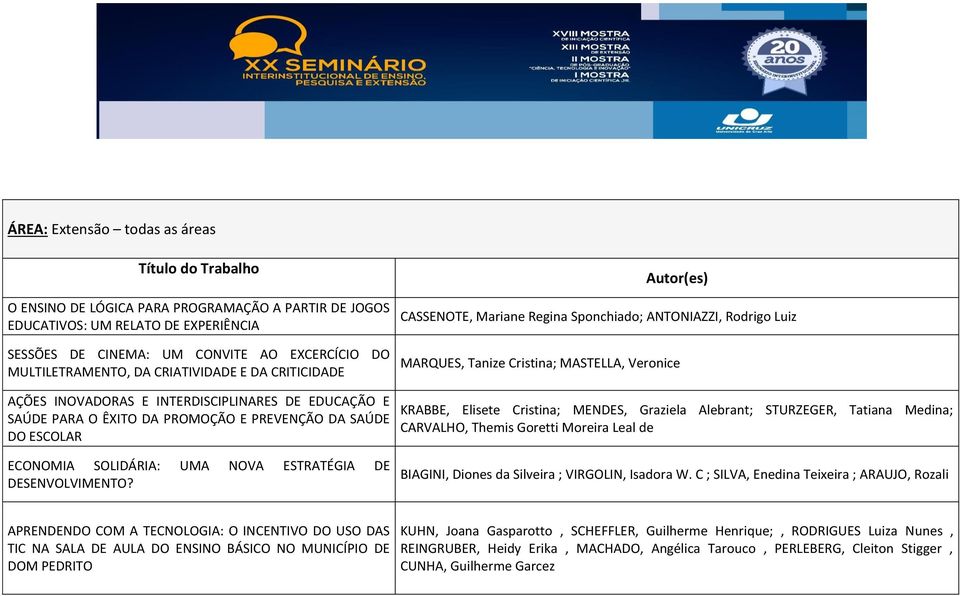 PARA O ÊXITO DA PROMOÇÃO E PREVENÇÃO DA SAÚDE DO ESCOLAR KRABBE, Elisete Cristina; MENDES, Graziela Alebrant; STURZEGER, Tatiana Medina; CARVALHO, Themis Goretti Moreira Leal de ECONOMIA SOLIDÁRIA: