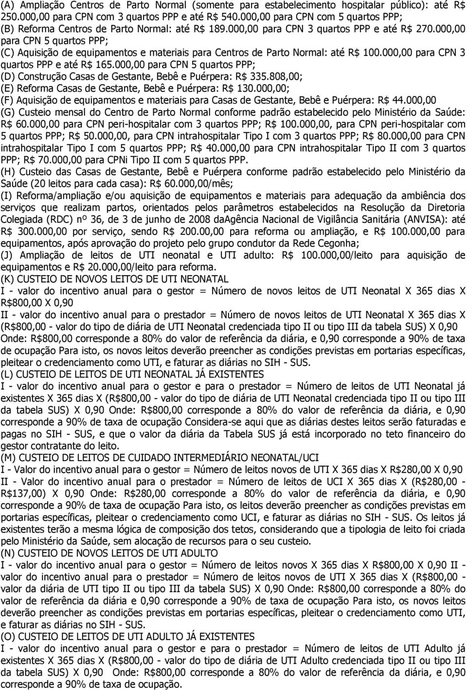 000,00 para CPN 5 quartos PPP; (C) Aquisição de equipamentos e materiais para Centros de Parto Normal: até R$ 100.000,00 para CPN 3 quartos PPP e até R$ 165.