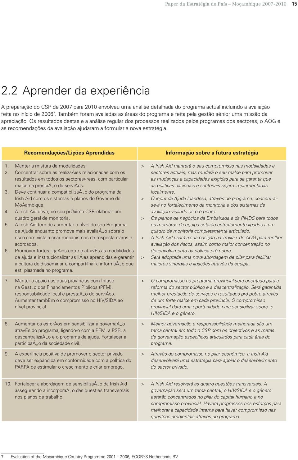 Também foram avaliadas as áreas do programa e feita pela gestão sénior uma missão da apreciação.