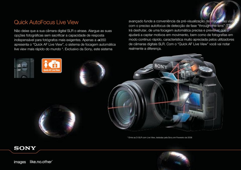 Exclusivo da Sony, este sistema avançado funde a conveniência da pré-visualização da imagem ao vivo com o preciso autofocus de detecção de fase through-the-lens (TTL).